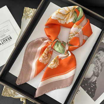 Малък квадратен шал, копринено-ефектен полиестер твил, принт, бързосъхнещ, сатенено покритие