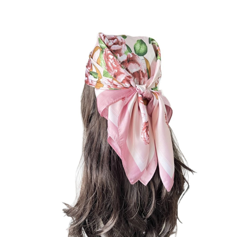 Малък квадратен шал, копринено-ефектен полиестер твил, принт, бързосъхнещ, сатенено покритие