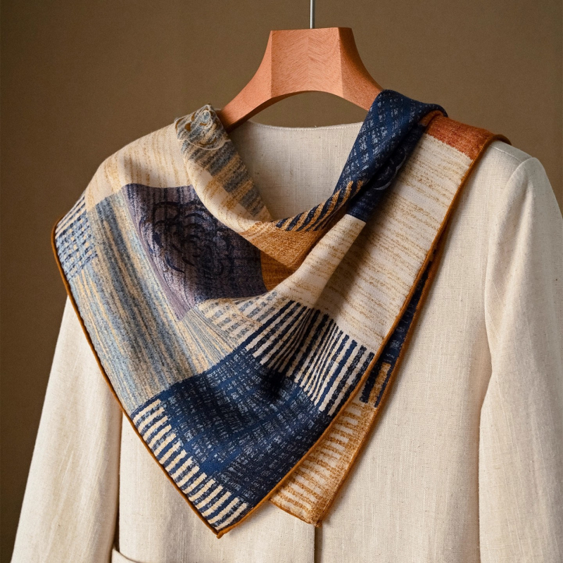 Γυναικείο τετράγωνο φουλάρι από μετάξι-μάλλινο μίγμα, ύφανση warp-knitting, φθινόπωρο 2025, προέλευση Hangzhou, εκτύπωση