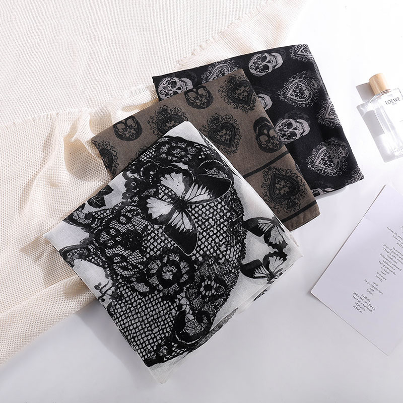 Квадратен шал с печат на череп, Bali прежда, твил тъкан, ретро стил