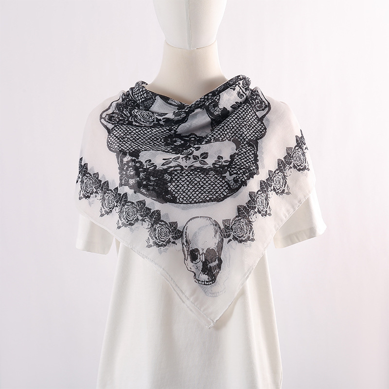 Квадратен шал с печат на череп, Bali прежда, твил тъкан, ретро стил