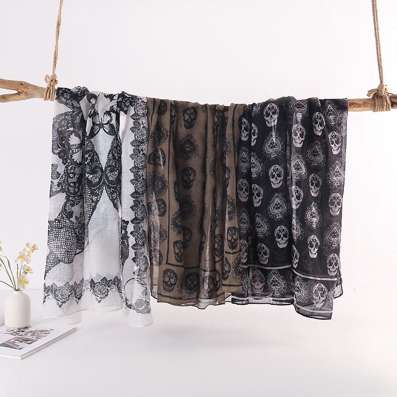 Квадратен шал с печат на череп, Bali прежда, твил тъкан, ретро стил