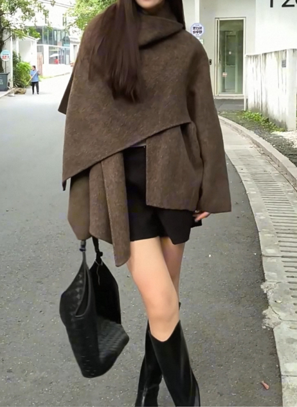 Ženski dvostruki vuneni kaput s yak vunom, srednja duljina, šalni ovratnik, ručno šiven