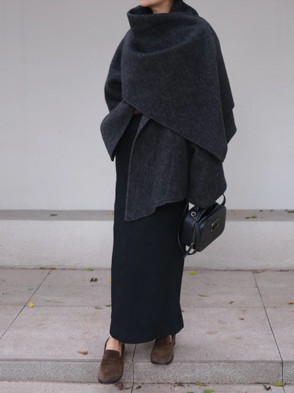 Ženski dvostruki vuneni kaput s yak vunom, srednja duljina, šalni ovratnik, ručno šiven