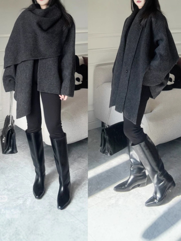 Ženski dvostruki vuneni kaput s yak vunom, srednja duljina, šalni ovratnik, ručno šiven