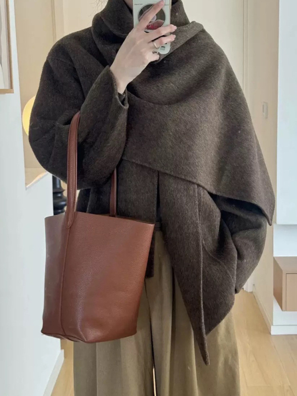 Ženski dvostruki vuneni kaput s yak vunom, srednja duljina, šalni ovratnik, ručno šiven