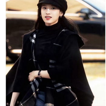 Moteriška kašmyro kapucėta šalikas su langelių raštu, džakardo audinys, 120 cm plotis, Europos‑Amerikos gatvės stilius