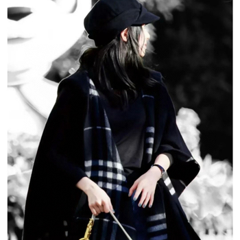 Moteriška kašmyro kapucėta šalikas su langelių raštu, džakardo audinys, 120 cm plotis, Europos‑Amerikos gatvės stilius