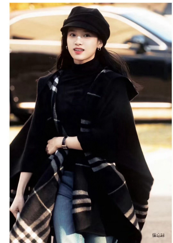 Moteriška kašmyro kapucėta šalikas su langelių raštu, džakardo audinys, 120 cm plotis, Europos‑Amerikos gatvės stilius