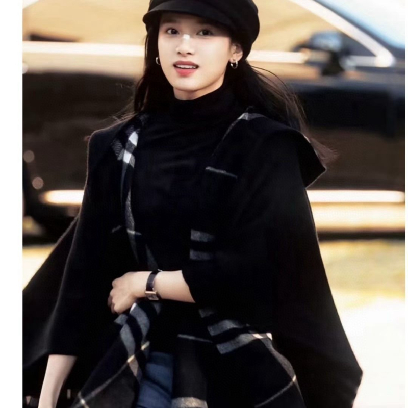 Moteriška kašmyro kapucėta šalikas su langelių raštu, džakardo audinys, 120 cm plotis, Europos‑Amerikos gatvės stilius