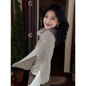 Moteriškas megztas šalikėlis-paltas su įpjova, vilna, warp knitting, elegantiškas kelių sluoksnių dizainas, pečių juosta