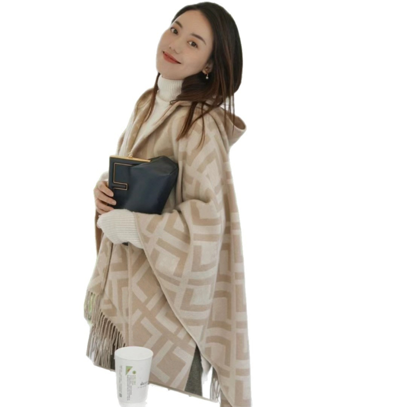 Dvostrani vuneni šal s jacquardom – mrežasti uzorak, održava toplinu za jesen, zimu i proljeće, za žene