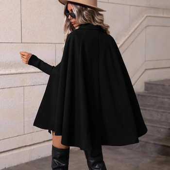 Ženski vuneni kaput u stilu plašta, srednja duljina, dvostruko kopčanje, rever, elegantan vanjski kaput