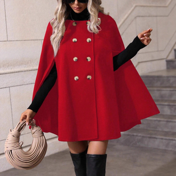 Ženski vuneni kaput u stilu plašta, srednja duljina, dvostruko kopčanje, rever, elegantan vanjski kaput