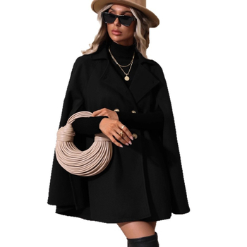 Ženski vuneni kaput u stilu plašta, srednja duljina, dvostruko kopčanje, rever, elegantan vanjski kaput