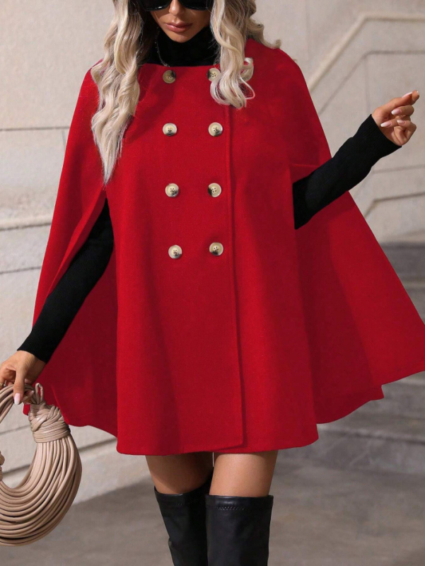 Ženski vuneni kaput u stilu plašta, srednja duljina, dvostruko kopčanje, rever, elegantan vanjski kaput