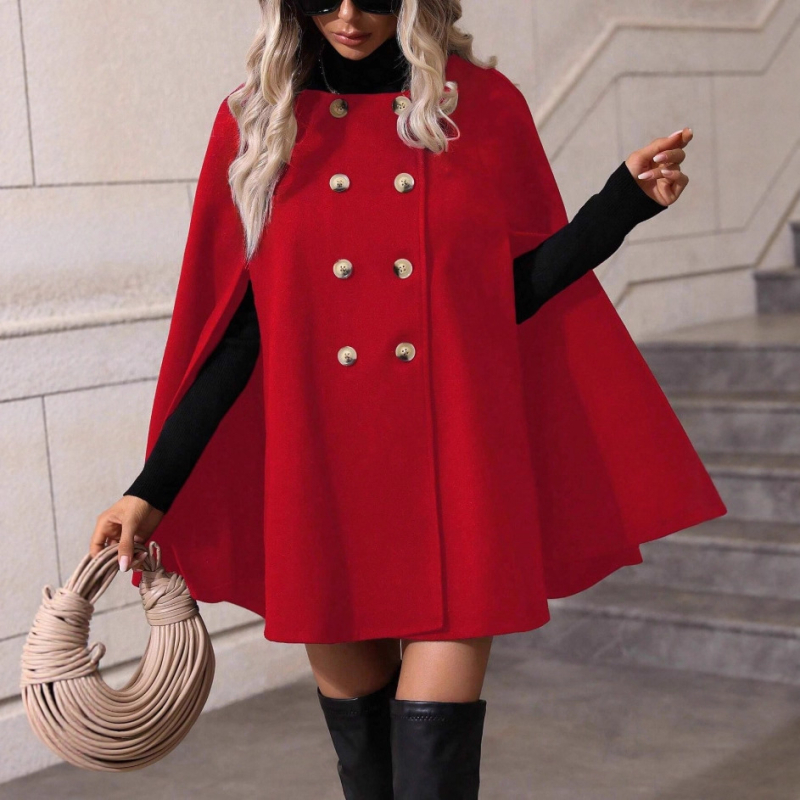 Ženski vuneni kaput u stilu plašta, srednja duljina, dvostruko kopčanje, rever, elegantan vanjski kaput