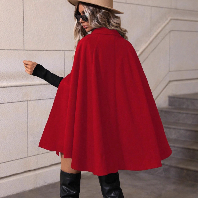 Ženski vuneni kaput u stilu plašta, srednja duljina, dvostruko kopčanje, rever, elegantan vanjski kaput