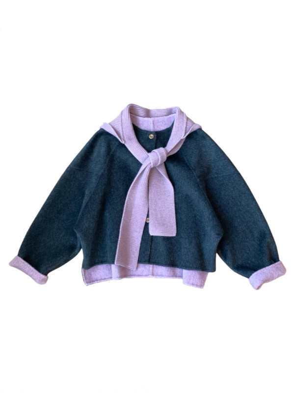 Ženski vuneni kaput 95%+, dvodijelni set sa šalom, opuštena silueta, okrugli izrez, retro stil