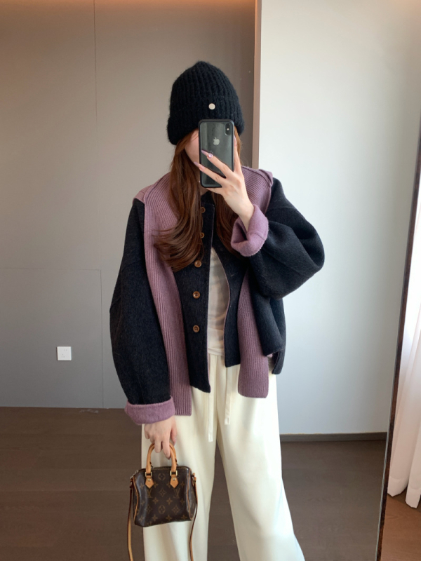 Ženski vuneni kaput 95%+, dvodijelni set sa šalom, opuštena silueta, okrugli izrez, retro stil