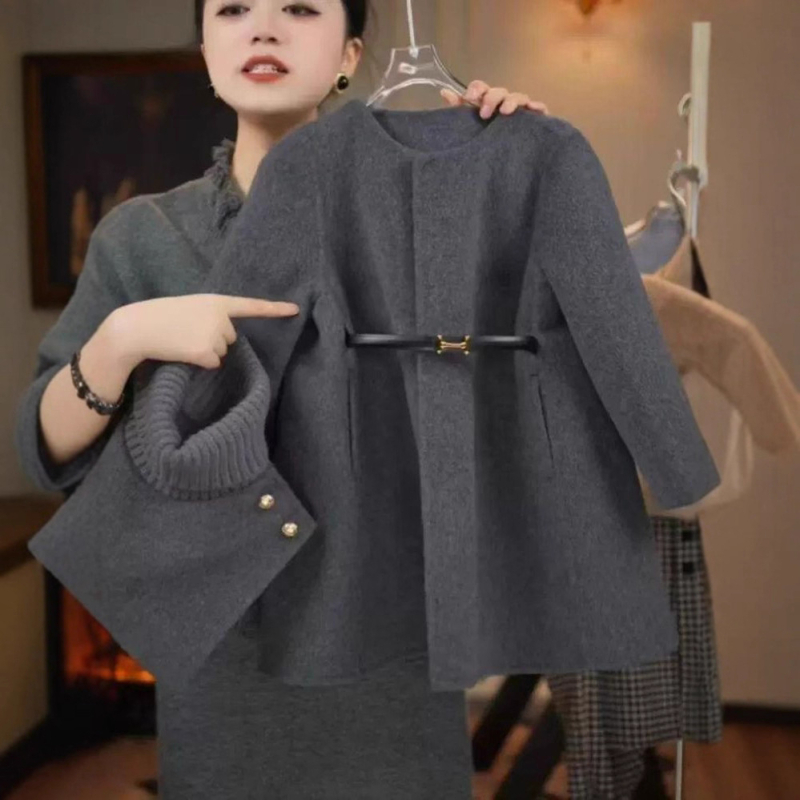 Palton pentru fete din poliester, iarnă, mâneci lungi, guler rotund, lungime medie, stil britanic, unicolor