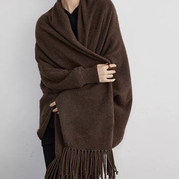 Плетен шал-яке от чиста вълна с ресни – монохромен модел, права тъкан, 380 г, средна дължина