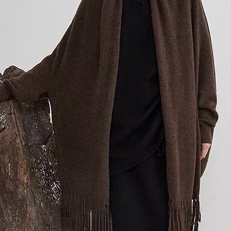 Плетен шал-яке от чиста вълна с ресни – монохромен модел, права тъкан, 380 г, средна дължина