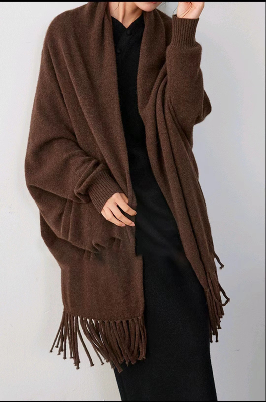 Плетен шал-яке от чиста вълна с ресни – монохромен модел, права тъкан, 380 г, средна дължина