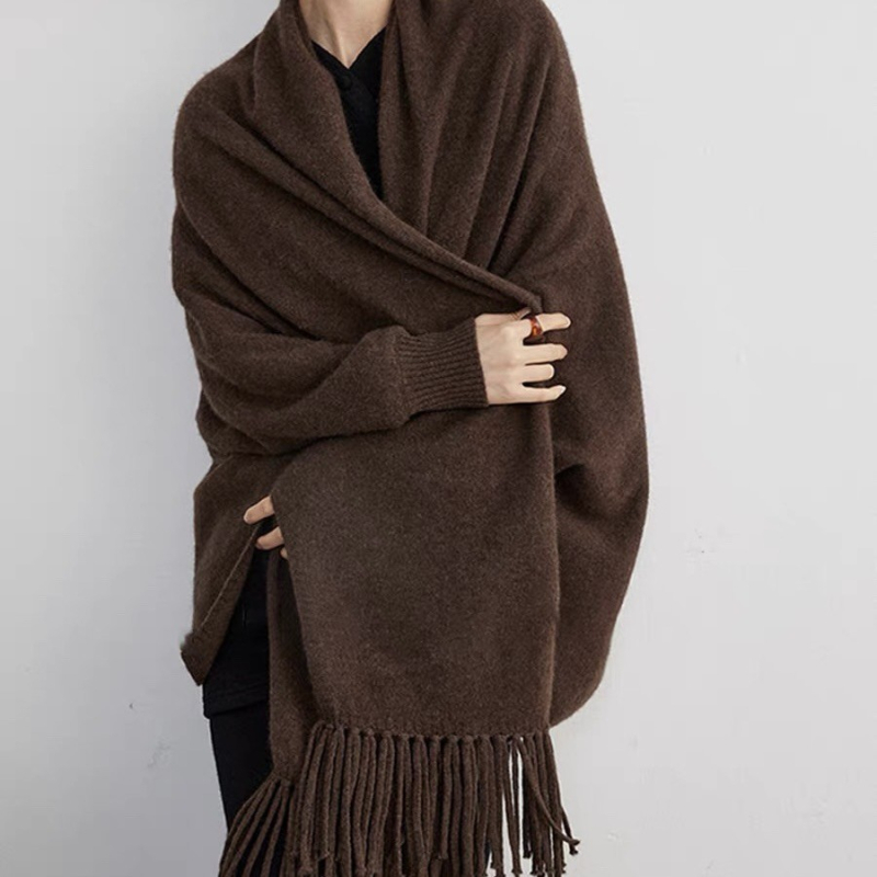 Плетен шал-яке от чиста вълна с ресни – монохромен модел, права тъкан, 380 г, средна дължина