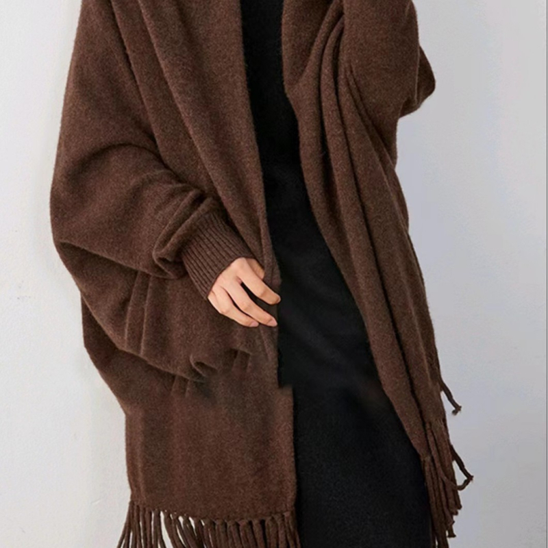 Плетен шал-яке от чиста вълна с ресни – монохромен модел, права тъкан, 380 г, средна дължина