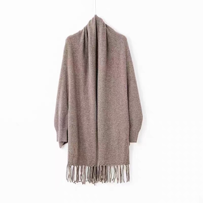 Плетен шал-яке от чиста вълна с ресни – монохромен модел, права тъкан, 380 г, средна дължина