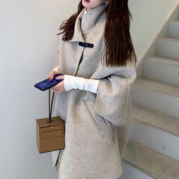 Ženski tweed kaput - Cape stil, rukavi tip netopir, rever, poliester, jedinstven monocromatski uzorak