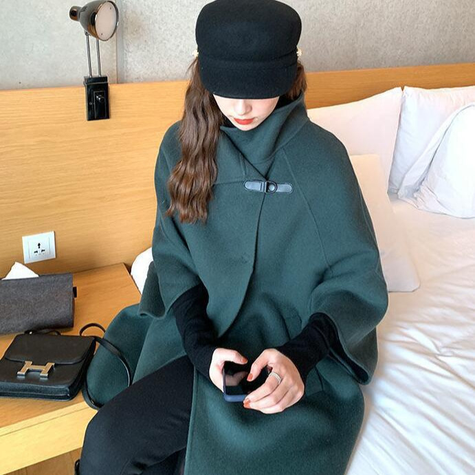 Ženski tweed kaput - Cape stil, rukavi tip netopir, rever, poliester, jedinstven monocromatski uzorak