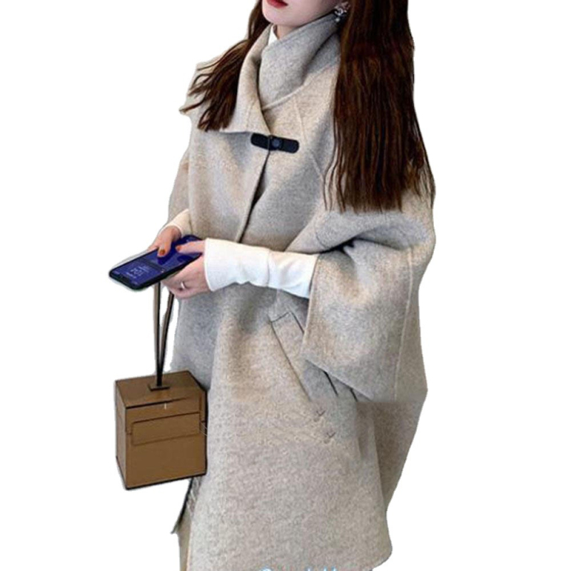 Ženski tweed kaput - Cape stil, rukavi tip netopir, rever, poliester, jedinstven monocromatski uzorak