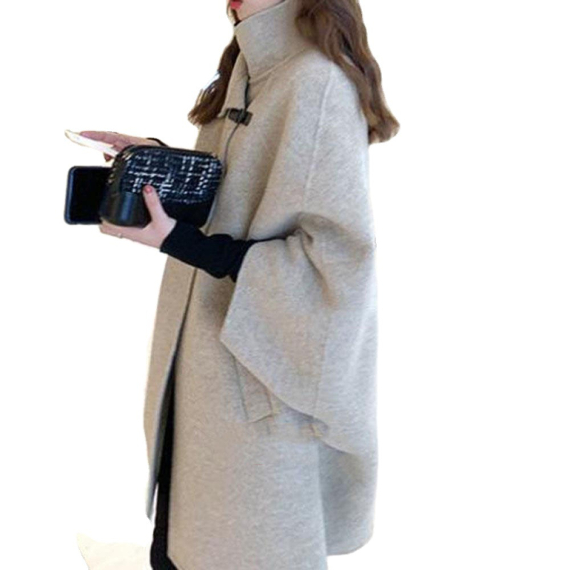 Ženski tweed kaput - Cape stil, rukavi tip netopir, rever, poliester, jedinstven monocromatski uzorak