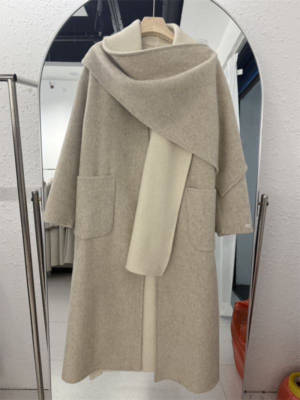 Ženski vuneno-kašmir kaput, dugački ogrtač, debela tkanina, uzorak šala, gradski elegantan stil