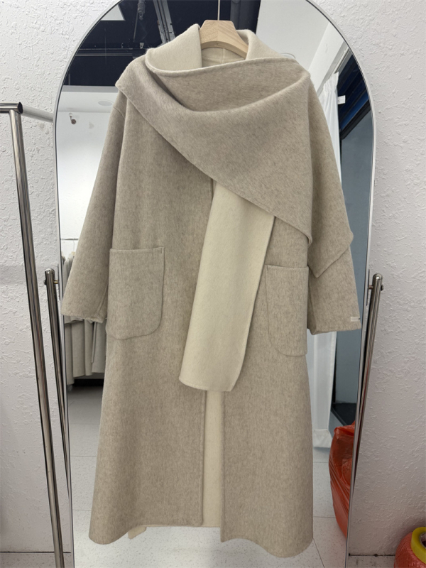 Ženski vuneno-kašmir kaput, dugački ogrtač, debela tkanina, uzorak šala, gradski elegantan stil