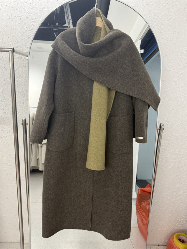 Ženski vuneno-kašmir kaput, dugački ogrtač, debela tkanina, uzorak šala, gradski elegantan stil