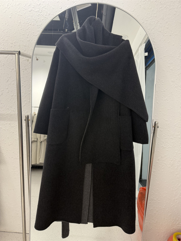 Ženski vuneno-kašmir kaput, dugački ogrtač, debela tkanina, uzorak šala, gradski elegantan stil