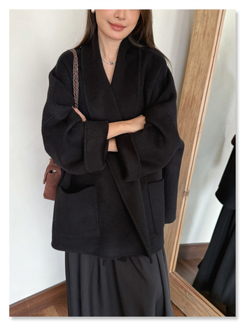 Ženski kaput od vunenog i yak vunenog materijala, jednofarban, s reverom, udoban kroj, duljina 50–65 cm