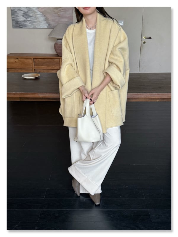 Ženski kaput od vunenog i yak vunenog materijala, jednofarban, s reverom, udoban kroj, duljina 50–65 cm