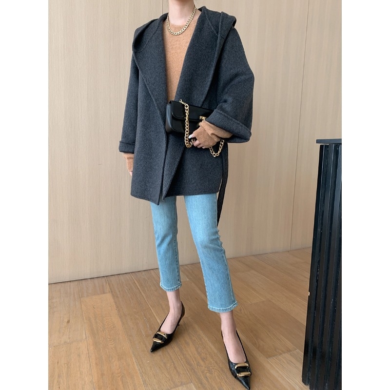 Ženski kaput s kapuljom od Tencel-vuna, dvostrani tweed, slobodan kroj, srednja duljina