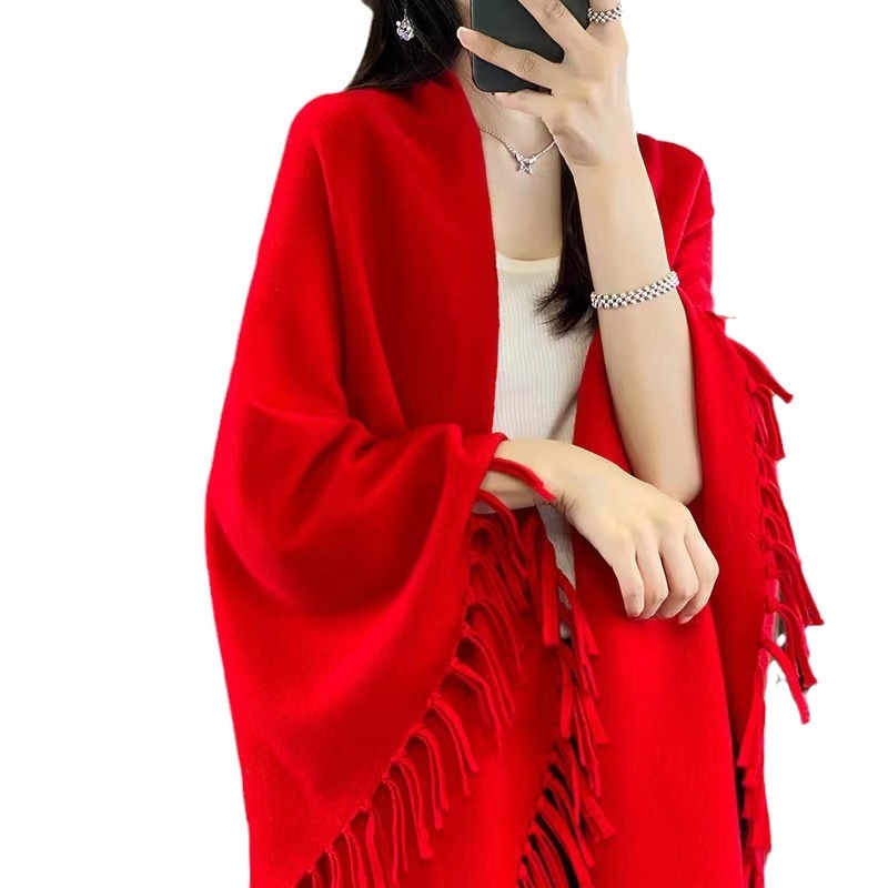 Háromszög alakú gyapjú sál bojtokkal, nőknek, warp kötés, monokróm minta, őszi-téli szezon