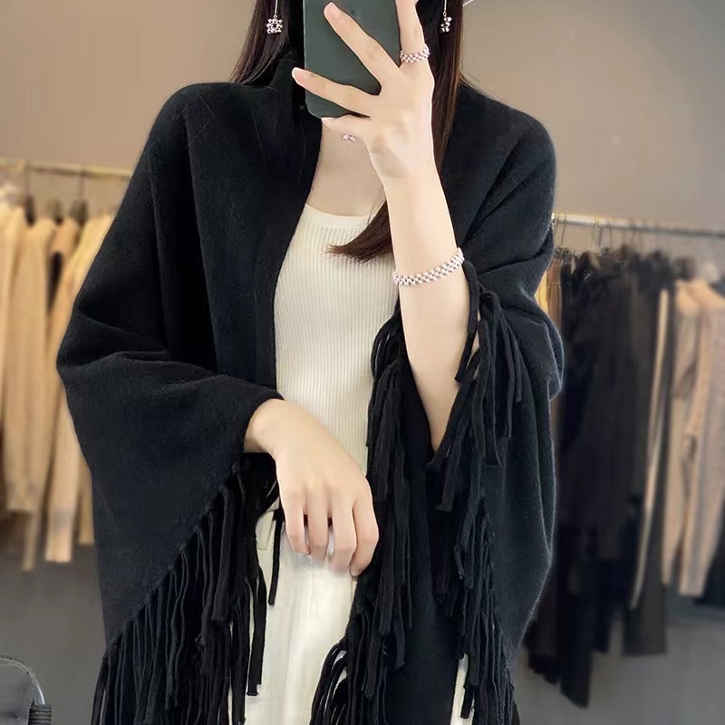 Háromszög alakú gyapjú sál bojtokkal, nőknek, warp kötés, monokróm minta, őszi-téli szezon