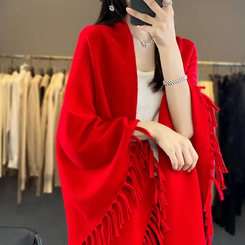 Háromszög alakú gyapjú sál bojtokkal, nőknek, warp kötés, monokróm minta, őszi-téli szezon