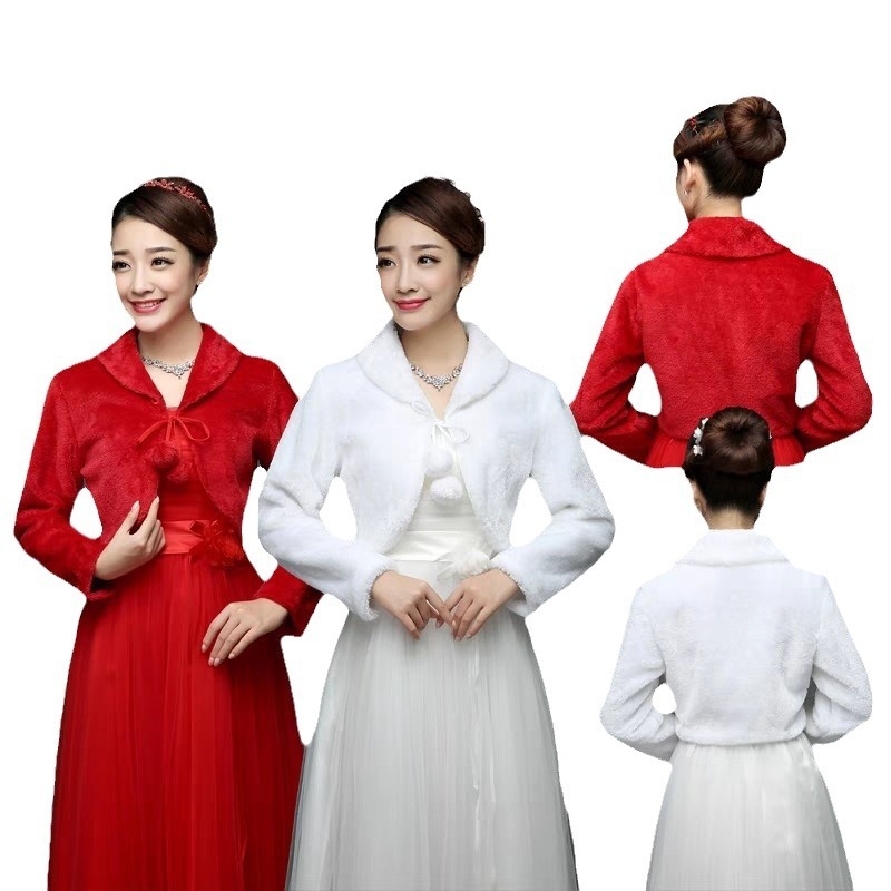 Vjenčani kaput od umjetnog krzna za nevestu i družice s dugim rukavima — umjetno krzno, jesen-zima sezona, stil fashion OL, ravno tkanje, dekorativno