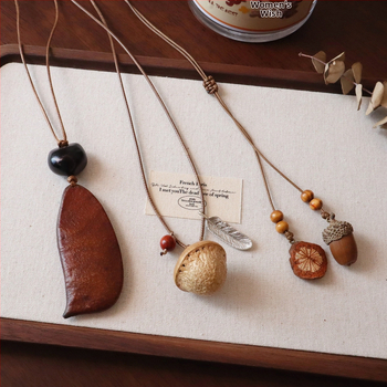 Garā džempera ķēde ar riekstu čaulas pendanti, regulējama, Mori stils, ziedu formas kulons, sievietēm etniska kaklarota