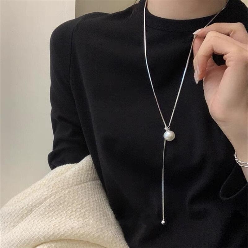 Garā kaklarota džemperim ar lielu pērlīšu kulonu, čūskveida ķēde, ģeometriskais stils, rūtainais raksts, 51–80 cm