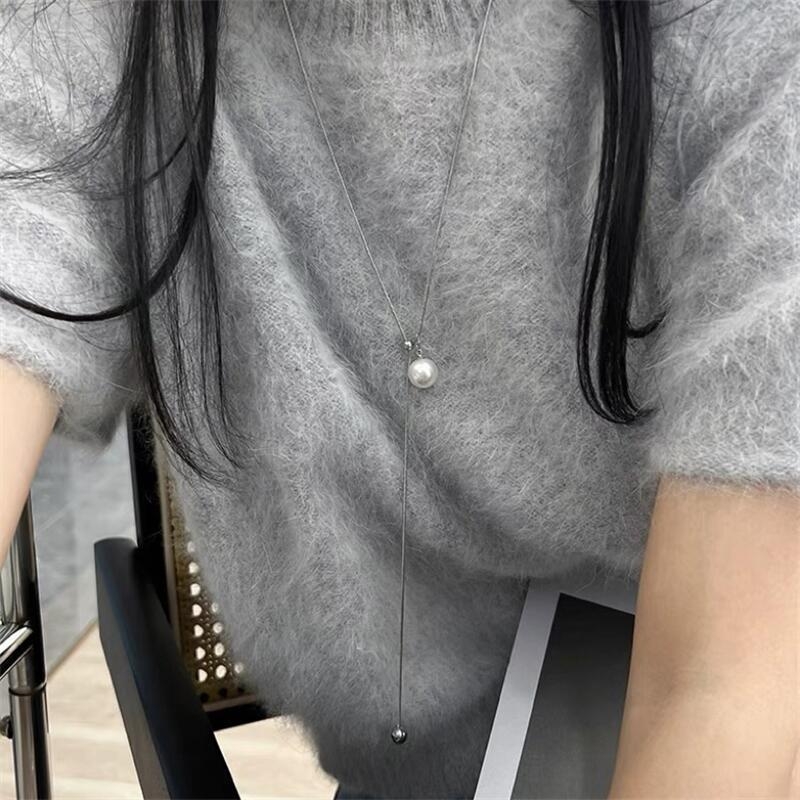 Garā kaklarota džemperim ar lielu pērlīšu kulonu, čūskveida ķēde, ģeometriskais stils, rūtainais raksts, 51–80 cm