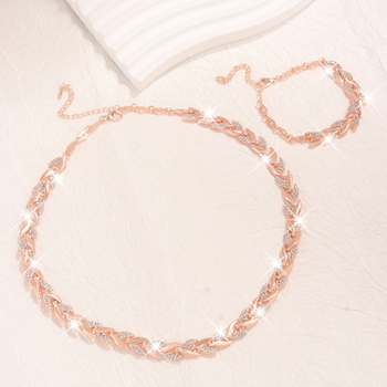 Set colier și brățară cu diamante în formă de frunză de salcie | aliaj zinc, lanț bambus, material pandant: aliaj, prelucrare cu diamante